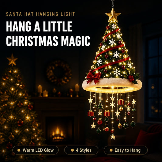 Santa hat hanging light glowing in a cozy living room