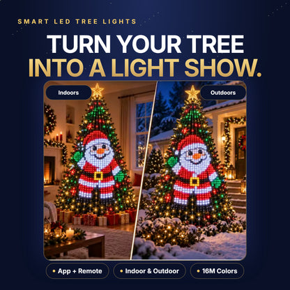 Smart LED tree lights turn your tree into a light show, shown indoors and outdoors