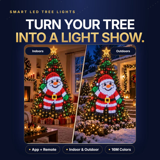 Smart LED tree lights turn your tree into a light show, shown indoors and outdoors
