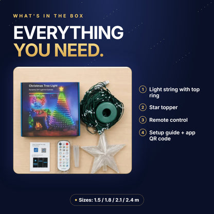 What's in the box: light string with top ring, star topper, remote control and setup guide
