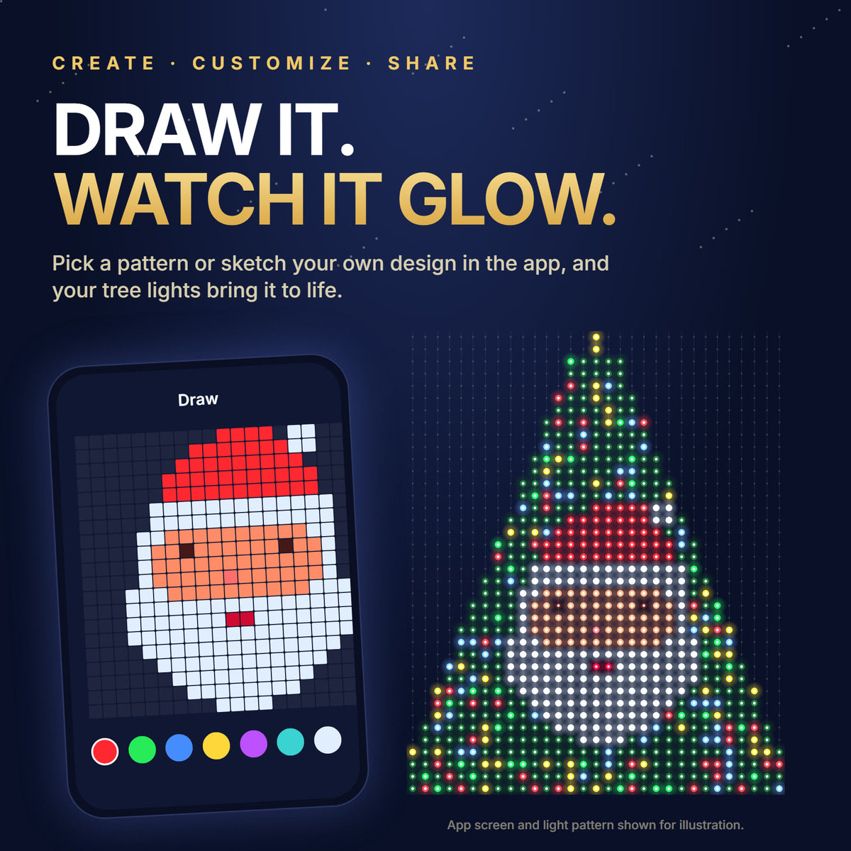 Draw your own design in the app and watch your tree glow (illustration)