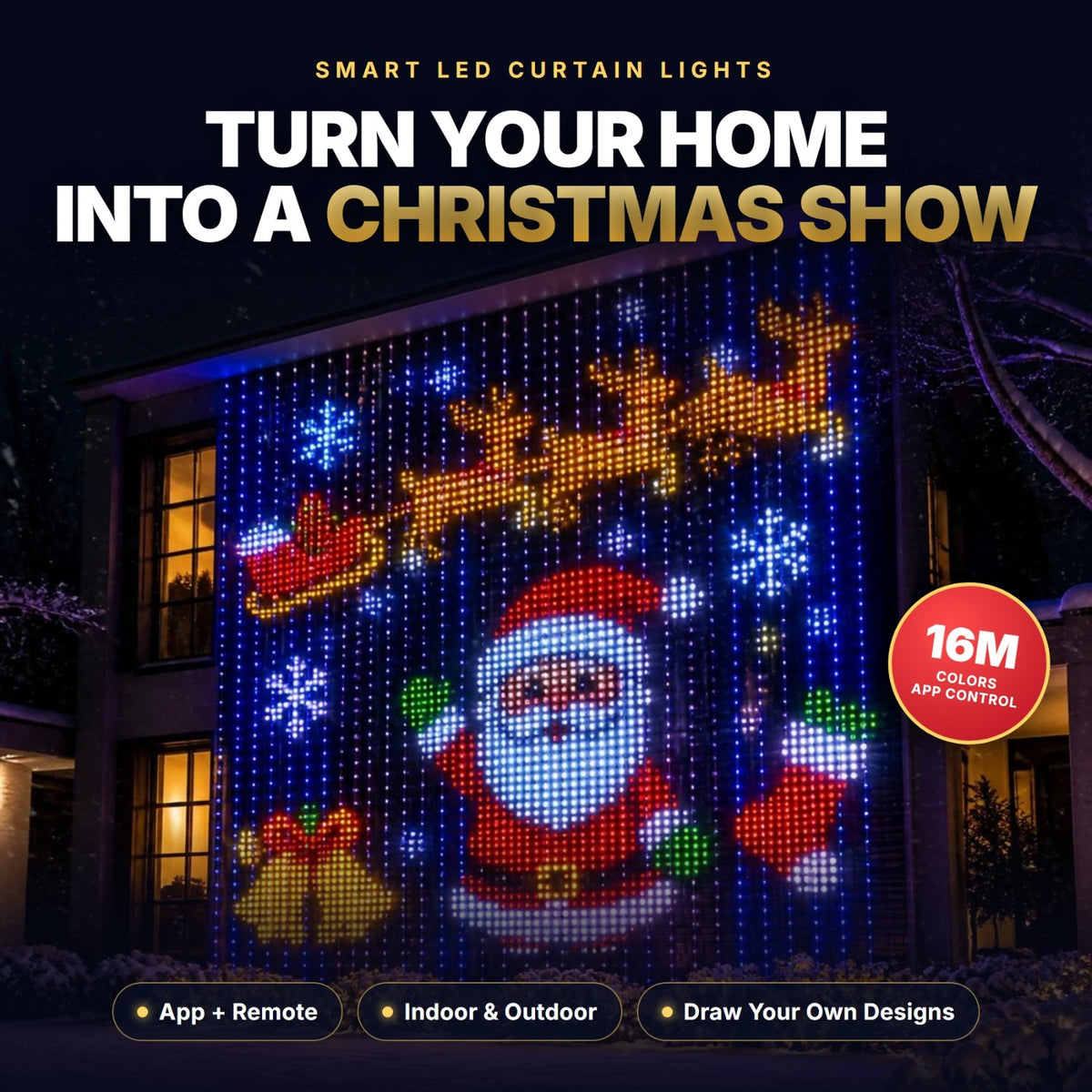 Smart LED curtain lights showing Santa and reindeer on a house