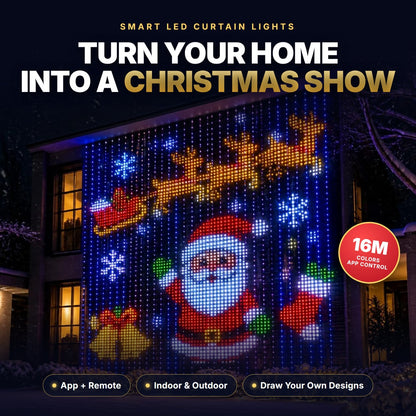 Smart LED curtain lights showing Santa and reindeer on a house