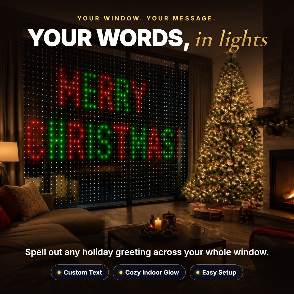 Merry Christmas spelled out in lights on a living room window
