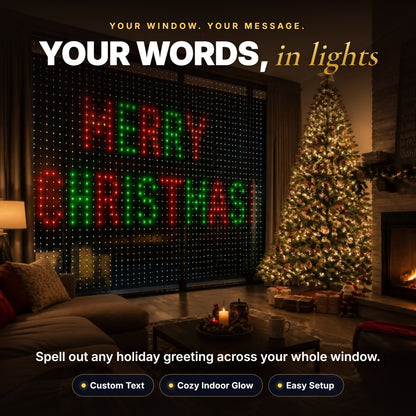 Merry Christmas spelled out in lights on a living room window