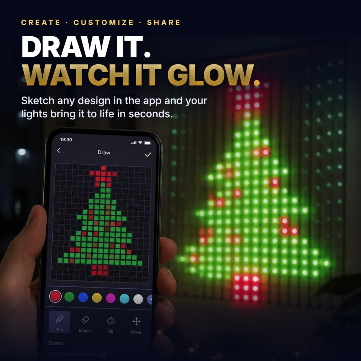 Drawing a Christmas tree in the app and seeing it on the lights